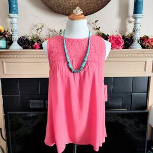 Indigo GNW Sleeveless Boho Top M Coral Embroidered Bodice Gathers Woven